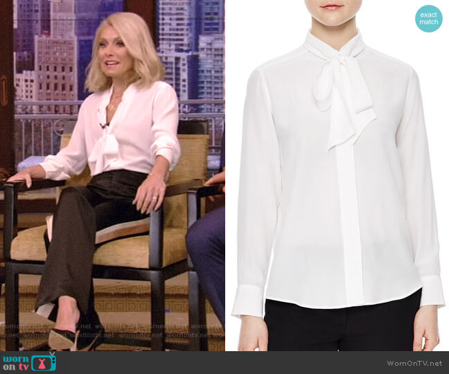 'Aline' Tie-Neck Silk Shirt by Sandro worn by Kelly Ripa on Live with Kelly and Mark