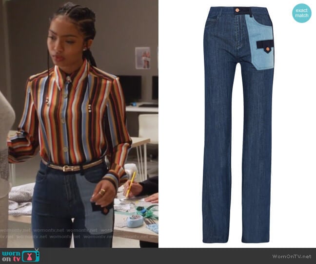 Patchwork Denim Pants by See by Chloe worn by Zoey Johnson (Yara Shahidi) on Grown-ish