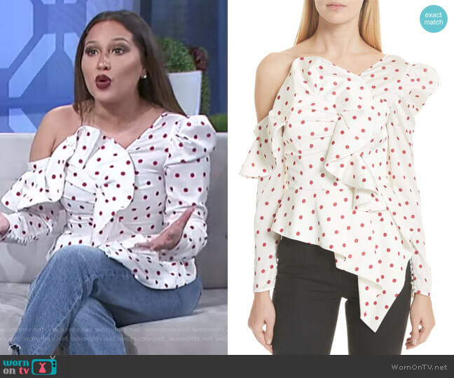 Polka Dot Ruffle One-Shoulder Satin Top by Self Portrait worn by Adrienne Houghton on The Real