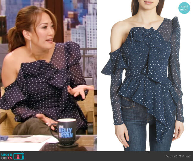 Ruffle Asymmetrical Plumetis Top by Self Portrait worn by Carrie Inaba on Live with Kelly and Mark