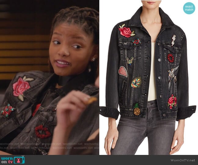 Patched Denim Jacket by Sunset & Spring worn by Skylar Forster (Halle Bailey) on Grown-ish