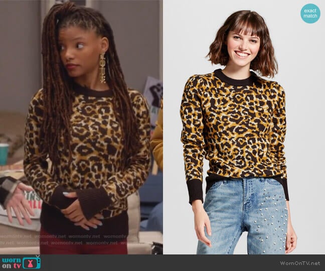 Jacquard Crew Neck Sweater Leopard Print by Who What Wear for Target worn by Skylar Forster (Halle Bailey) on Grown-ish