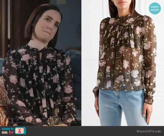 Petunia floral-print silk-crepon blouse by Ulla Johnson worn by Jennifer Short (Zoe Lister-Jones) on Life in Pieces