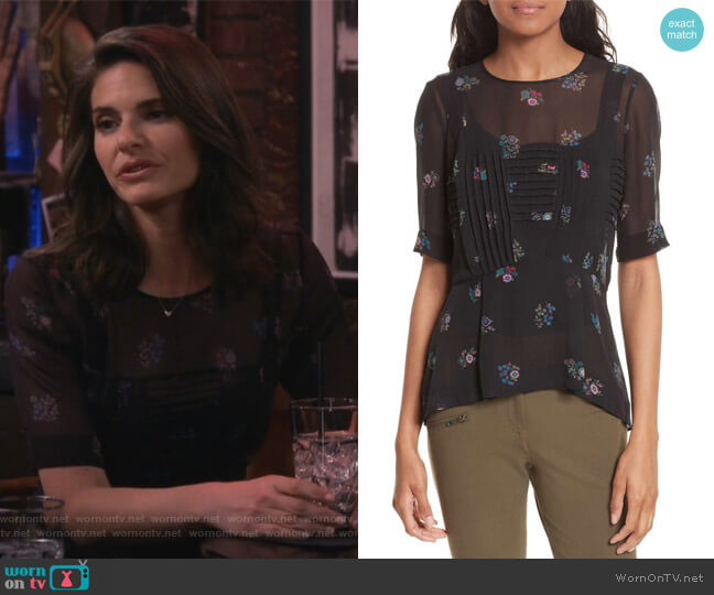 Braden Print Silk Top by Veronica Beard worn by Leslie Curry (Lindsey Kraft) on Living Biblically