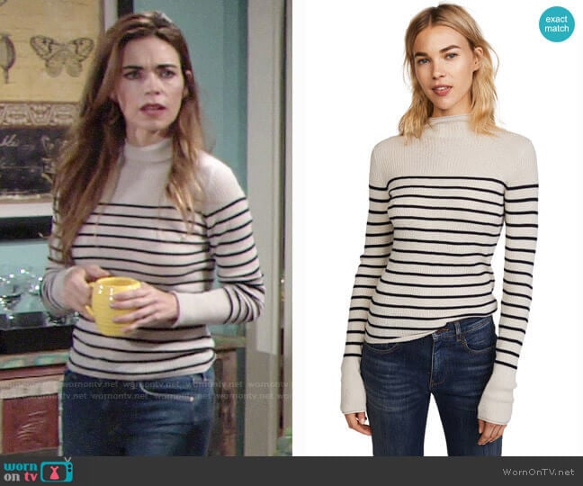 Vince Striped Roll Edge Mock Pullover worn by Victoria Newman (Amelia Heinle) on The Young and the Restless