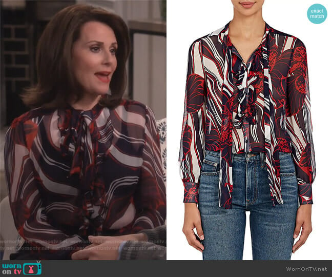 Mood Floral Silk Plisse Chiffon Blouse by Warm worn by Karen Walker (Megan Mullally) on Will and Grace