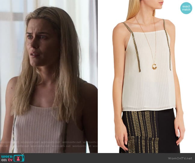 Cutout metallic-trimmed silk camisole by Zeus + Dione worn by Trish Walker (Rachael Taylor) on Jessica Jones