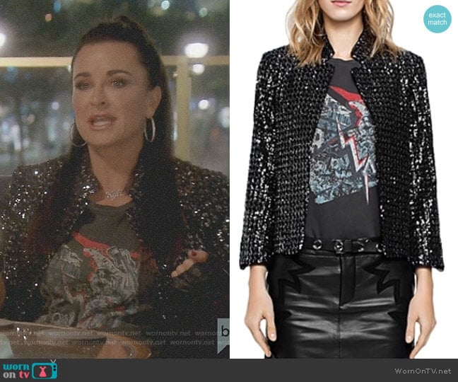 Moly Bis Overdyed Tank Top and Volly Sequin Deluxe Jacket by Zadig & Voltaire worn by Kyle Richards on The Real Housewives of Beverly Hills