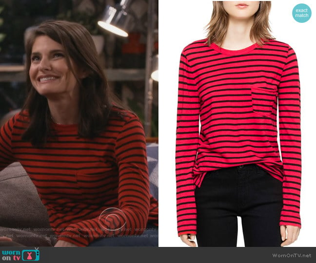 Reja Striped Long-Sleeved Tee by Zadig & Voltaire worn by Leslie Curry (Lindsey Kraft) on Living Biblically