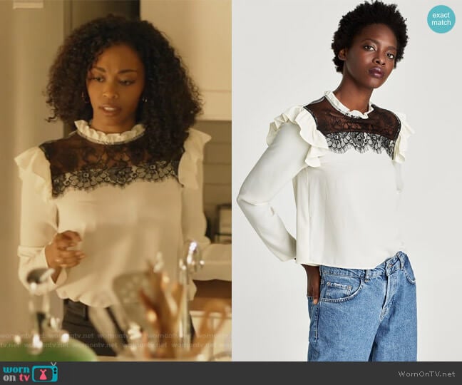 Contrast Blouse by Zara worn by Anissa Pierce (Nafessa Williams) on Black Lightning