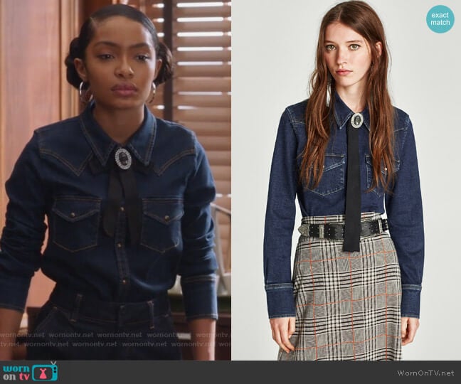 WornOnTV: Zoey’s denim top with ribbon brooch on Grown-ish | Yara ...