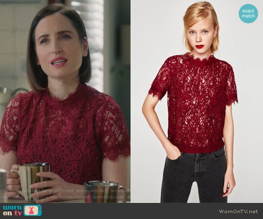 Embroidered Lace Top by Zara worn by Jennifer Short (Zoe Lister-Jones) on Life in Pieces