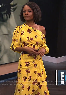 Zuri’s yellow floral one shoulder dress on E! News
