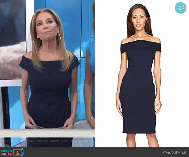 Off Shoulder Color Block Fitted Dress by Adrianna Papell worn by Kathie Lee Gifford on Today