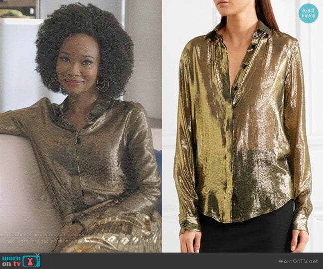 Metallic Silk-Blend Lamé Shirt by Saint Laurent worn by Monica Colby (Wakeema Hollis) on Dynasty