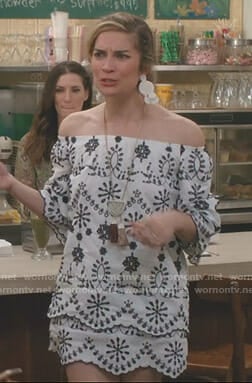 Alexis's white off-shoulder eyelet dress on Schitt's Creek