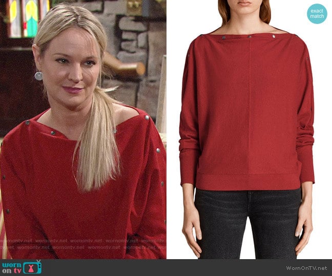 All Saints Red Elle Sweater worn by Sharon Newman (Sharon Case) on The Young and the Restless