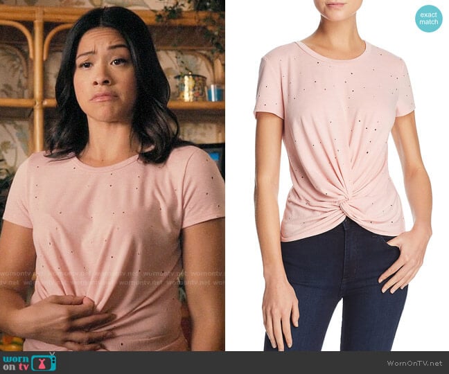 Aqua Distressed Twist-Front Tee worn by Jane Villanueva (Gina Rodriguez) on Jane the Virgin