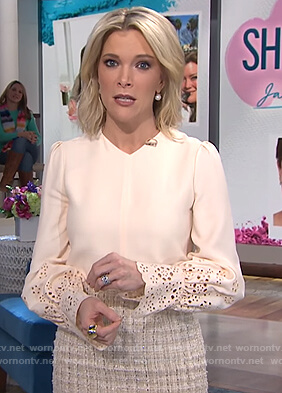Megyn’s off-white laser cut sleeve blouse and beige tweed skirt on Megyn Kelly Today
