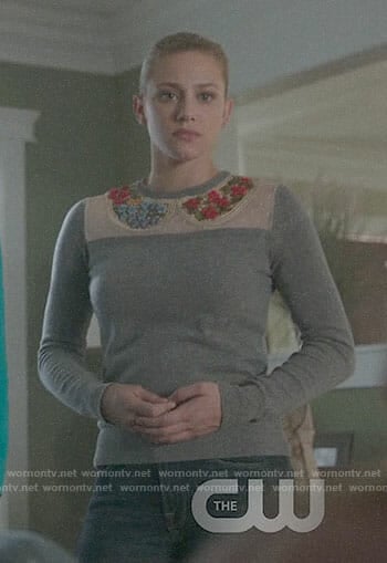 Betty’s grey sweater with floral embroidery on Riverdale