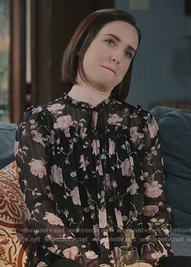 Jen's black rose print blouse on Life in Pieces