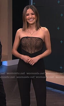 Erin’s black strapless lace panel jumpsuit on E! News