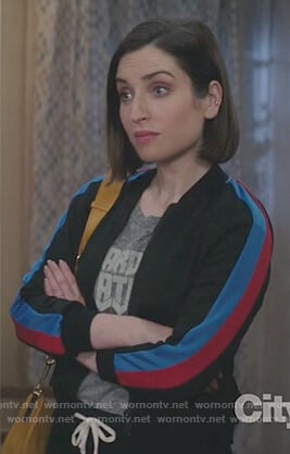 Jen's gray print t-shirt and track jacket on Life in Pieces