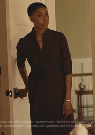 Lynn’s burgundy waist tie dress on Black Lightning