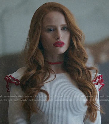 Cheryl’s white  sweater with red ruffled trim on Riverdale