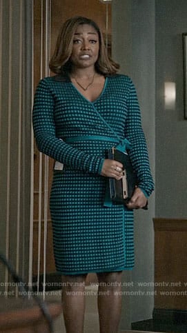 Daisy's teal green checked wrap dress on Madam Secretary