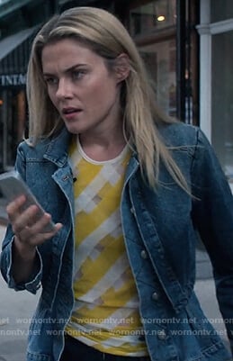 Trish’s yellow striped top and peplum denim jacket on Jessica Jones