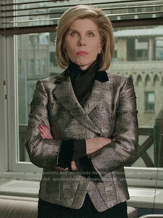 Diane’s metallic jacket with black collar on The Good Fight