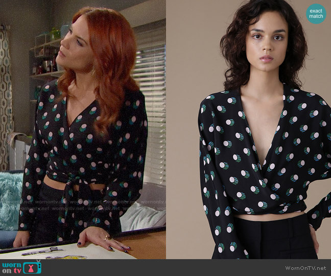 Diane von Furstenberg V-neck Wrap Top in Casimirdot worn by Sally Spectra (Courtney Hope) on The Bold and the Beautiful