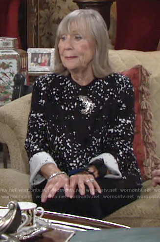 Dina's black and white printed cardigan on The Young and the Restless