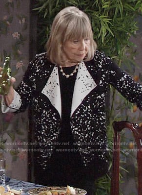 Dina’s black and white printed cardigan on The Young and the Restless