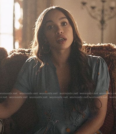Erica's blue floral dress with lace-up front on Last Man on Earth