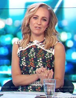 Carrie’s floral print lace trim dress on The Project