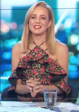 Carrie’s rose print cold shoulder top on The Project