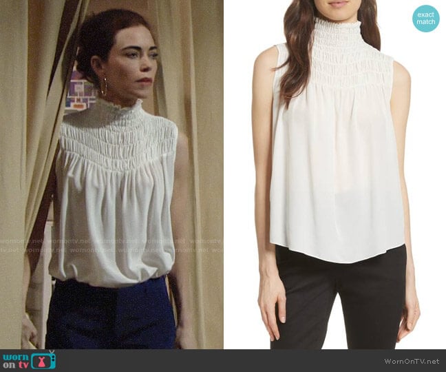 Frame Smocked Sleeveless Silk Blouse worn by Victoria Newman (Amelia Heinle) on The Young and the Restless