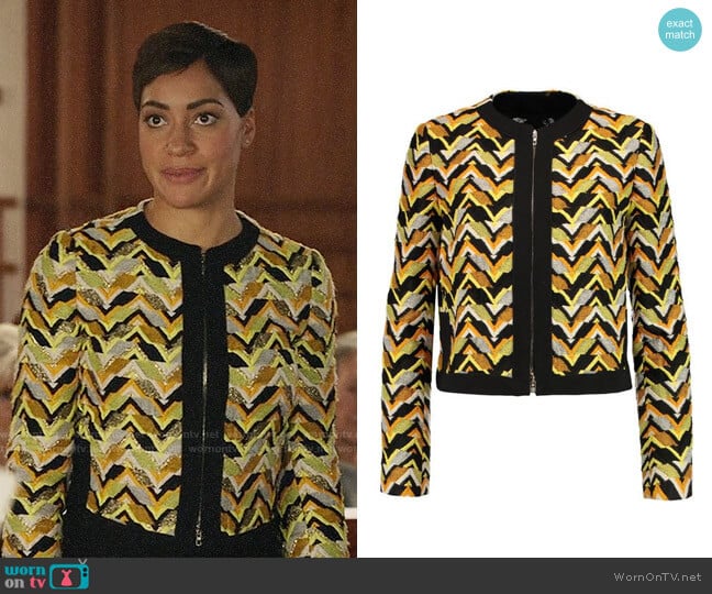 Giambattista Valli Jacquard Chevron Jacket worn by Lucca Quinn (Cush Jumbo) on The Good Fight