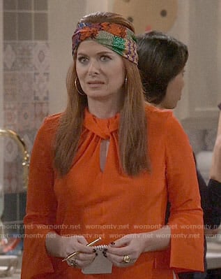 Grace's red twist front blouse and head scarf on Will and Grace