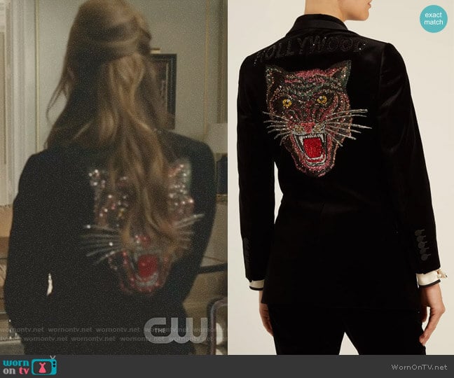 Tiger-Embroidered Velvet Jacket by Gucci  worn by Fallon Carrington (Elizabeth Gillies) on Dynasty