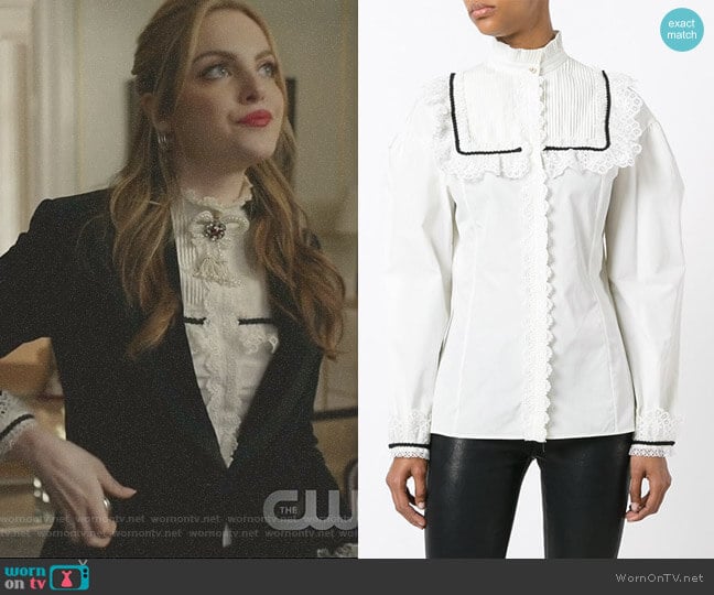 Pleat and Frill Yoke Blouse by Gucci worn by Fallon Carrington (Elizabeth Gillies) on Dynasty