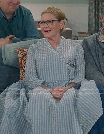 Joan's blue gingham wrap dress on Life in Pieces