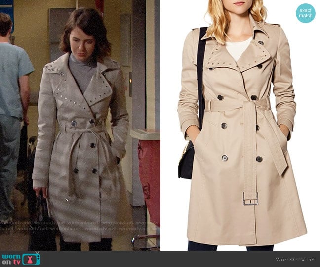 Karen Millen Studded Collar Trench Coat worn by Caroline Spencer (Linsey Godfrey) on The Bold and the Beautiful