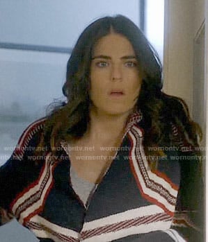 Laurel’s navy and red striped cardigan on How to Get Away with Murder