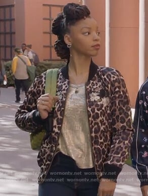 Jazlyn's leopard print patch bomber jacket on Grown-ish