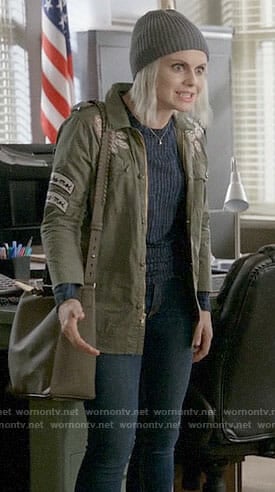 Liv's blue striped top and floral patch army jacket on iZombie