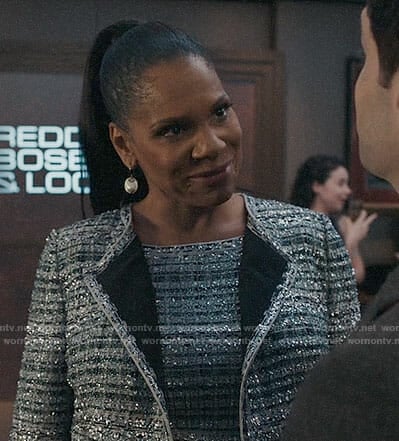 Liz's silver tweed jacket and dress on The Good Fight