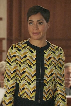 Lucca’s yellow chevron patterned jacket on The Good Fight